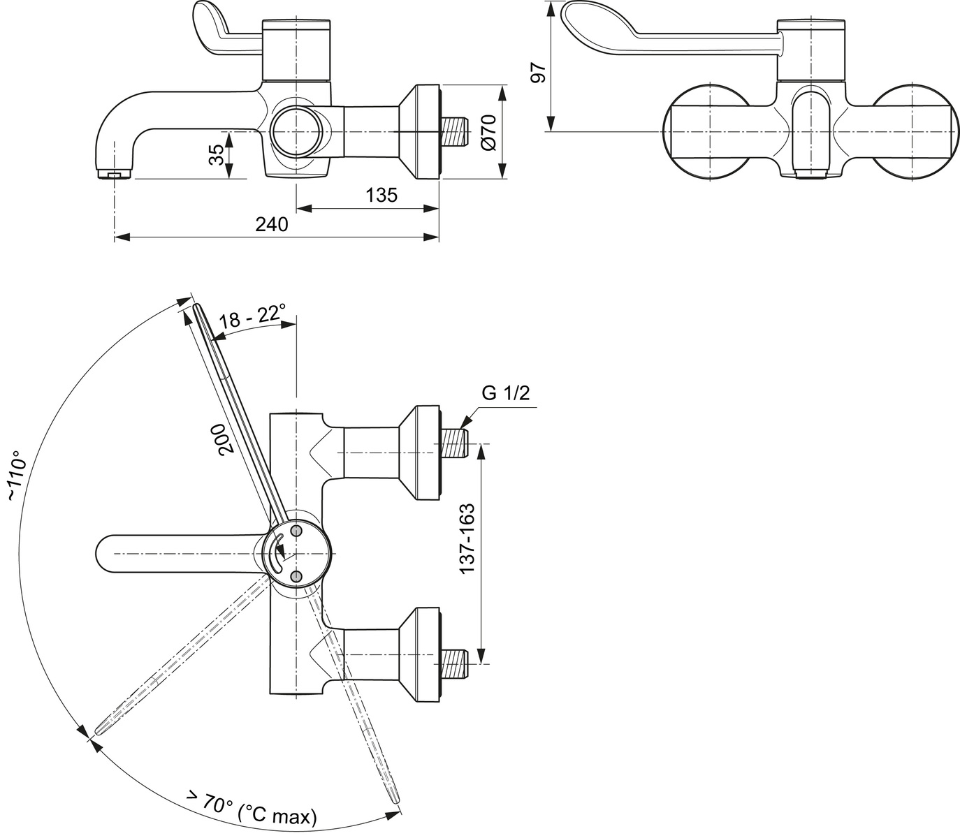 IS Wand-Waschtisch-Thermostat CERAPLUS, Ausld. 240mm, absp.S-Anschlüsse, Chrom